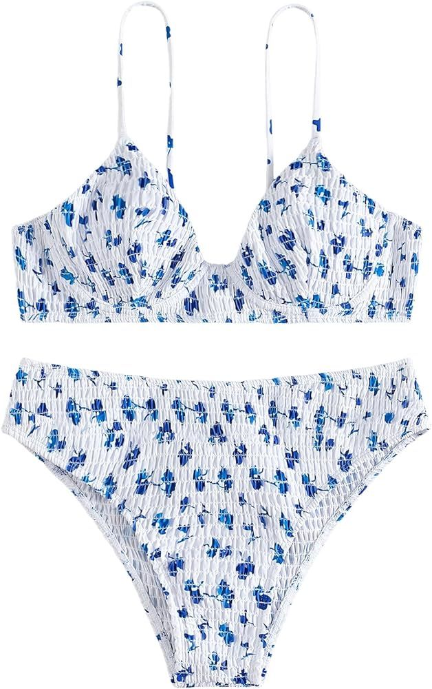 MakeMeChic Women's 2 Piece Bikini Set Ditsy Floral Print Smocked Push Up Triangle Swimsuit Bathin... | Amazon (US)