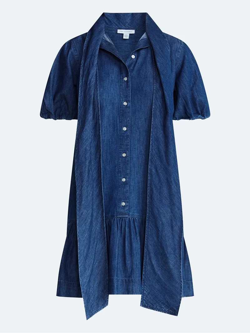 Free Assembly Women's Tie Neck Denim Mini Dress, Sizes XS-XXL | Walmart (US)