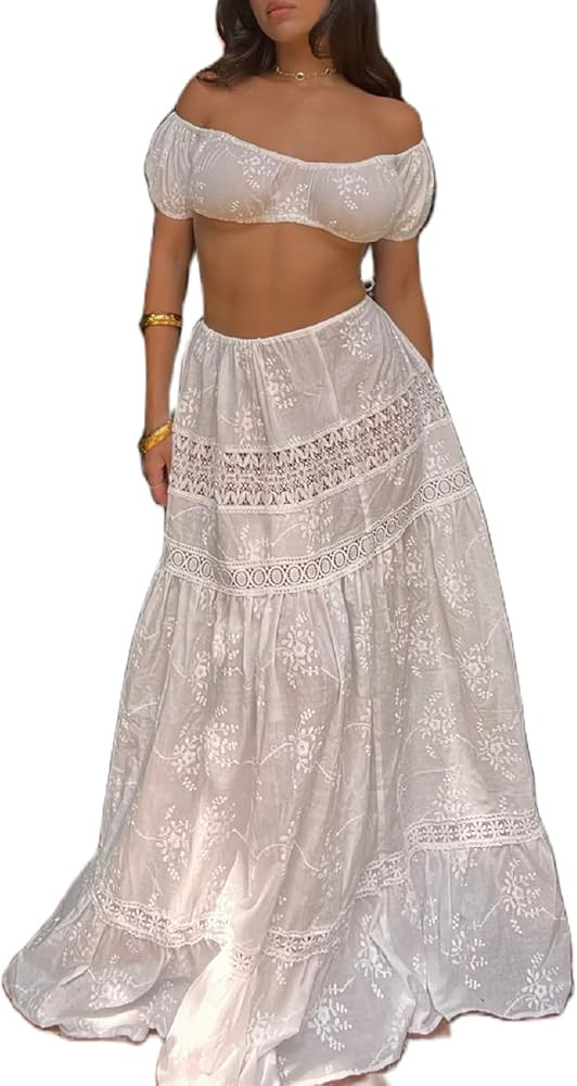 UAURORAO Women Flowy Maxi Skirt 2 Piece Boho Outfits Off Shoulder Crop Top Tiered Ruffle Long Ski... | Amazon (US)
