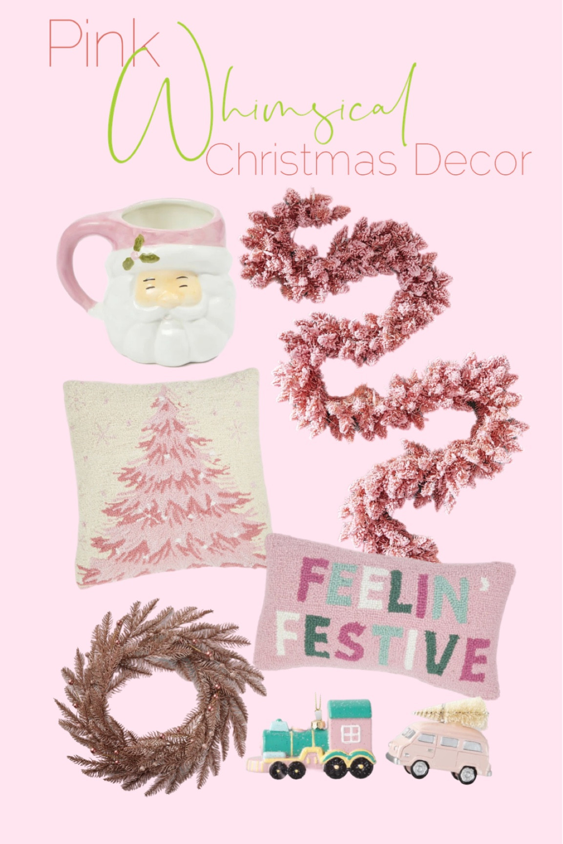 Pink whimsical Christmas decor. Boho holiday decor. Pink holiday decor. Pink garland. Santa mug. Pink Christmas pillows. Pink Christmas wreath. 

#LTKHoliday #LTKhome #LTKSeasonal