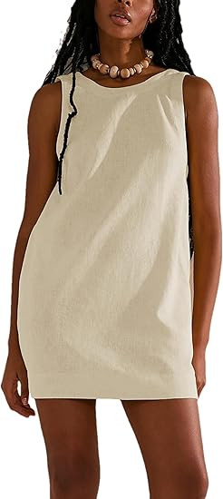 Womens Summer Crew Neck Sleeveless Open Back Dress Casual Beach Sunshine Cotton Linen Mini Dress | Amazon (US)