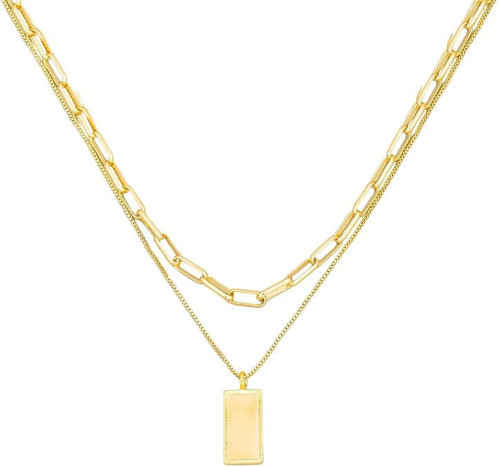 Two Layered Chain with Rectangle Squate Tag Pendant Necklace Gold Dipped Double Chain Set Papercl... | Amazon (US)