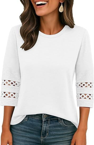 Joywayco Women's Round Neck 3/4 Lace Sleeve Tops Casual Summer Loose Fit Fashion Workout T-Shirts | Amazon (US)