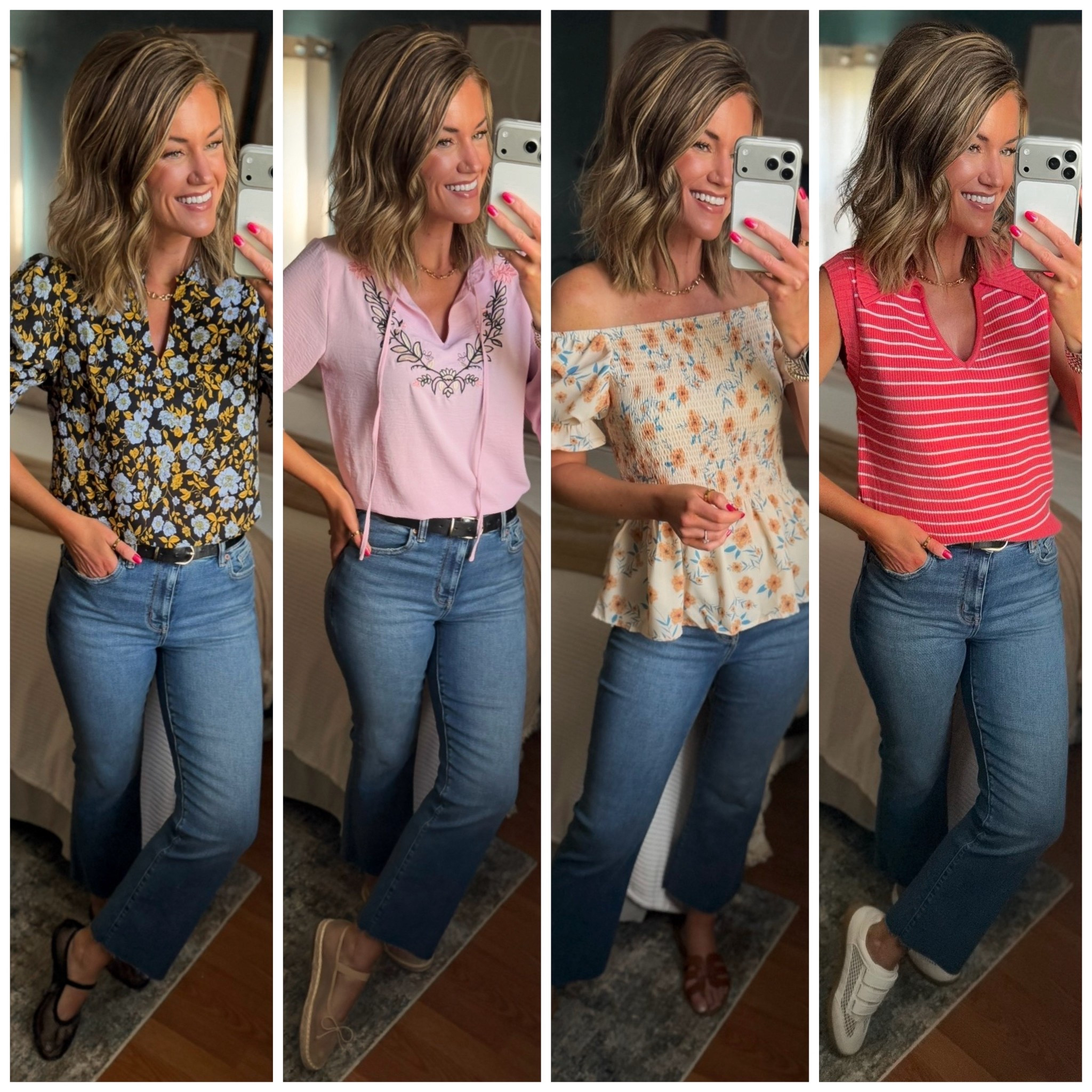 New Amazon tops perfect for Spring. 
Wearing small in all styles besides the yellow off the shoulder top. Wearing medium. 
Jeans 6, size down if between due to stretch  

#LTKSeasonal #LTKootd #LTKOver40
