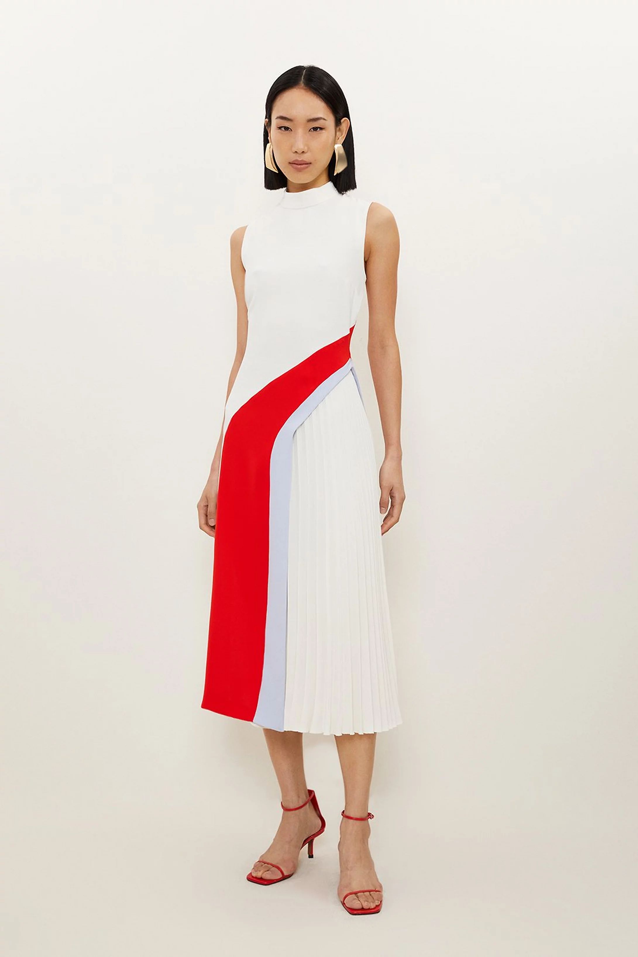 Fluid Tailored Color Block High Neck Pleated Midi Dress | Karen Millen US