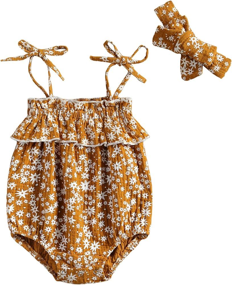 EYIIYE Newborn Baby Girl Spaghetti Strap Romper Floral Print Jumpsuit Pleated Tube Top Bodysuit O... | Amazon (US)
