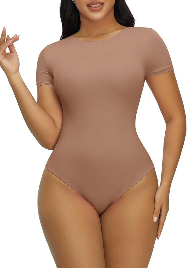 YIANNA Crew Neck Bodysuit for Women Second-skin Feel Thong T-shirt Body Suits Tops | Amazon (US)