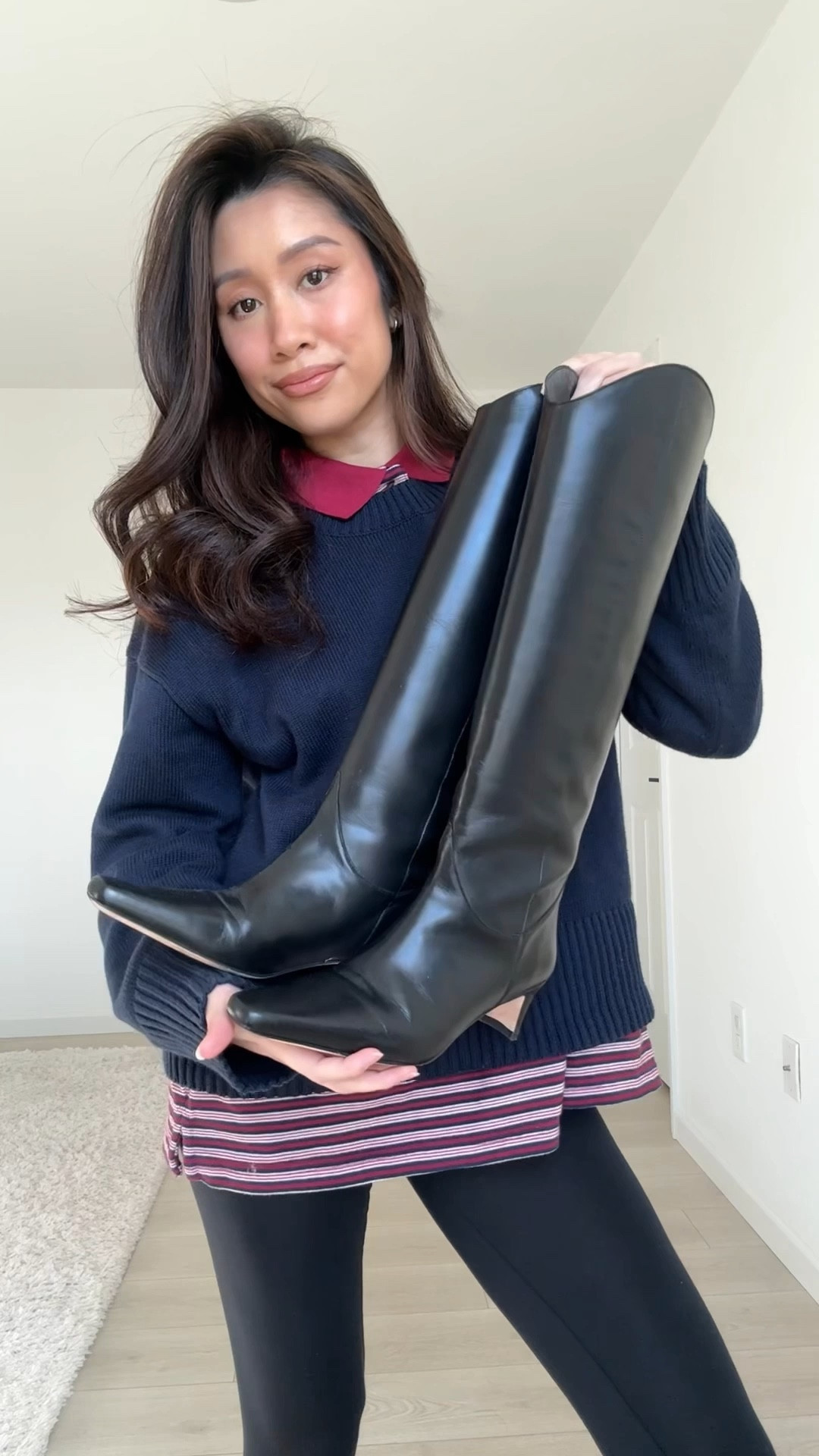 Cozy layered look with red stripes & navy color combo! 