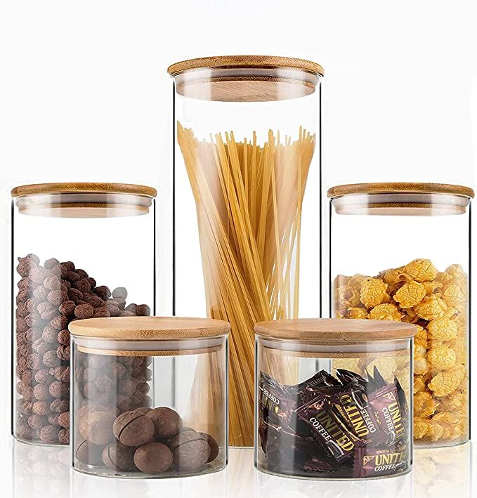 Glass Food Storage Jars Set of 5,Glass Storage Containers Clear Glass Food Canister with Bamboo L... | Amazon (US)