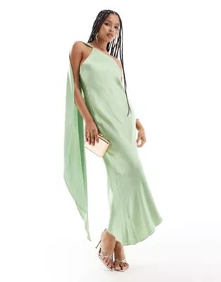 Mango one shoulder drape satin midi dress in light green | ASOS (Global)