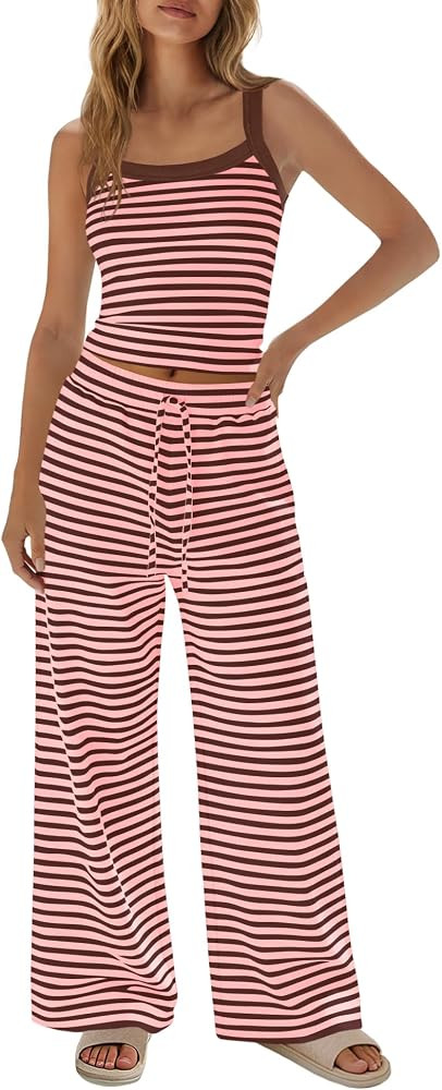 LAMISSCHE Womens Striped Lounge Set Spaghetti Strap Tank Top And Pants Sets | Amazon (US)