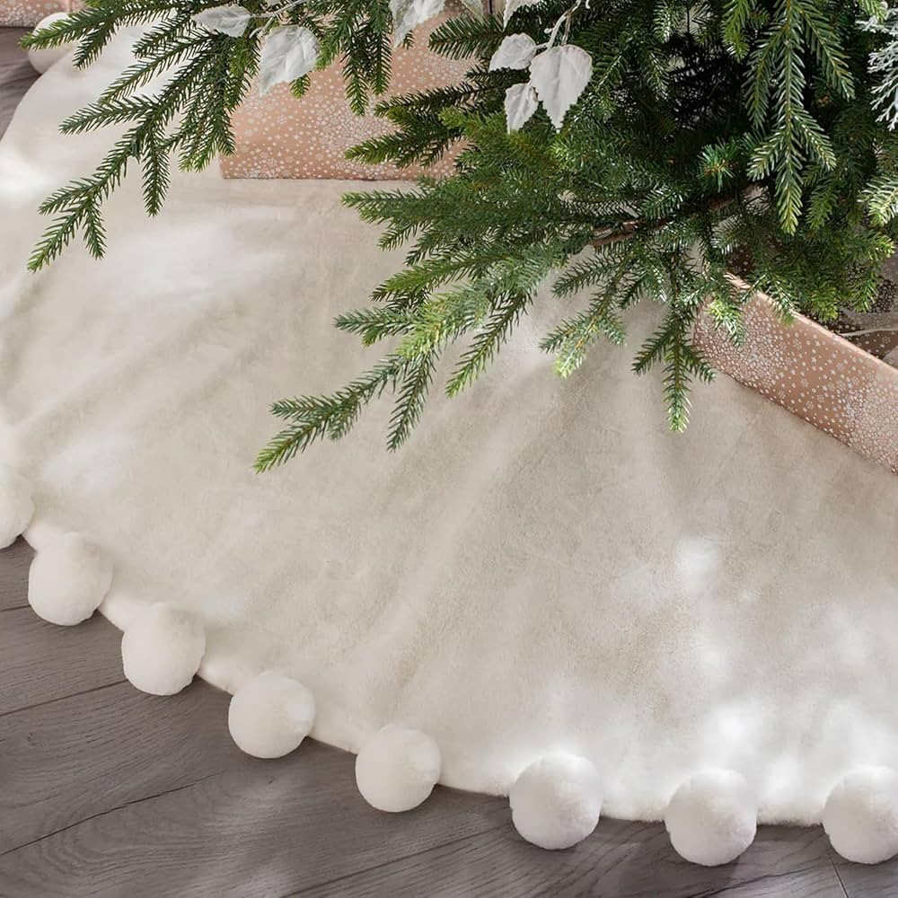 ORTIGIA White Christmas Tree Skirt 48 Inch with POM POM, White Faux Fur Soft Plush Christmas Xmas... | Amazon (US)