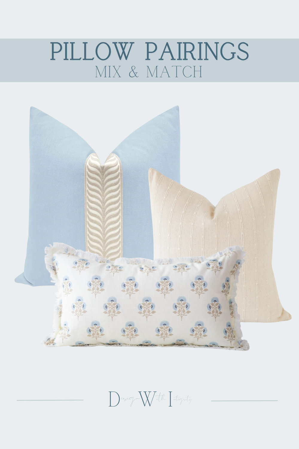 Soft blue and warm ivory might be one of my favorite combinations for creating a home that feels both polished and relaxed.

This pillow pairing is all about balancing quiet color with thoughtful detail. The powder blue pillow establishes a soft, airy foundation, while the warm ivory striped pillow introduces subtle texture and linear pattern. The petite botanical lumbar ties the palette together with touches of blue and taupe, while its delicate fringe adds another layer of softness.

What makes this combination work is the variation in scale. A solid statement pillow, a restrained stripe and a smaller botanical print each bring something different without competing for attention. The result feels layered, collected and timeless.

Shop the curated pillow pairing through my LTK to recreate the look.

#PillowPairings #PillowStyling #BlueAndNeutralDecor #DesignerDecor #InteriorStyling #ThrowPillowIdeas #LivingRoomInspiration #NeutralHomeDecor 

 #LTKHome