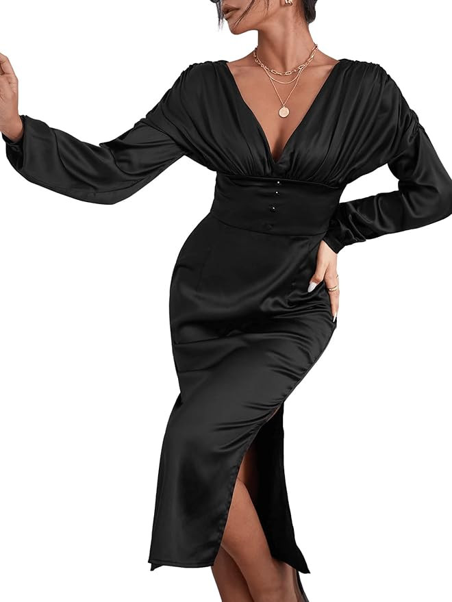 SweatyRocks Women's Deep V Neck Split Thigh Midi Dress Bishop Long Sleeve Ruched Satin Dresses | Amazon (US)