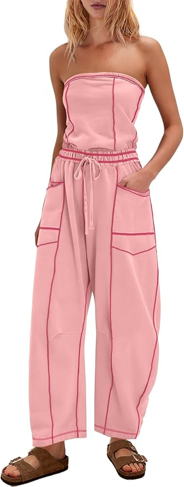 Womens Strapless Jumpsuits Off the Shoulder Tube Top barrel Overalls Loose Fit Romper with Pocket... | Amazon (US)