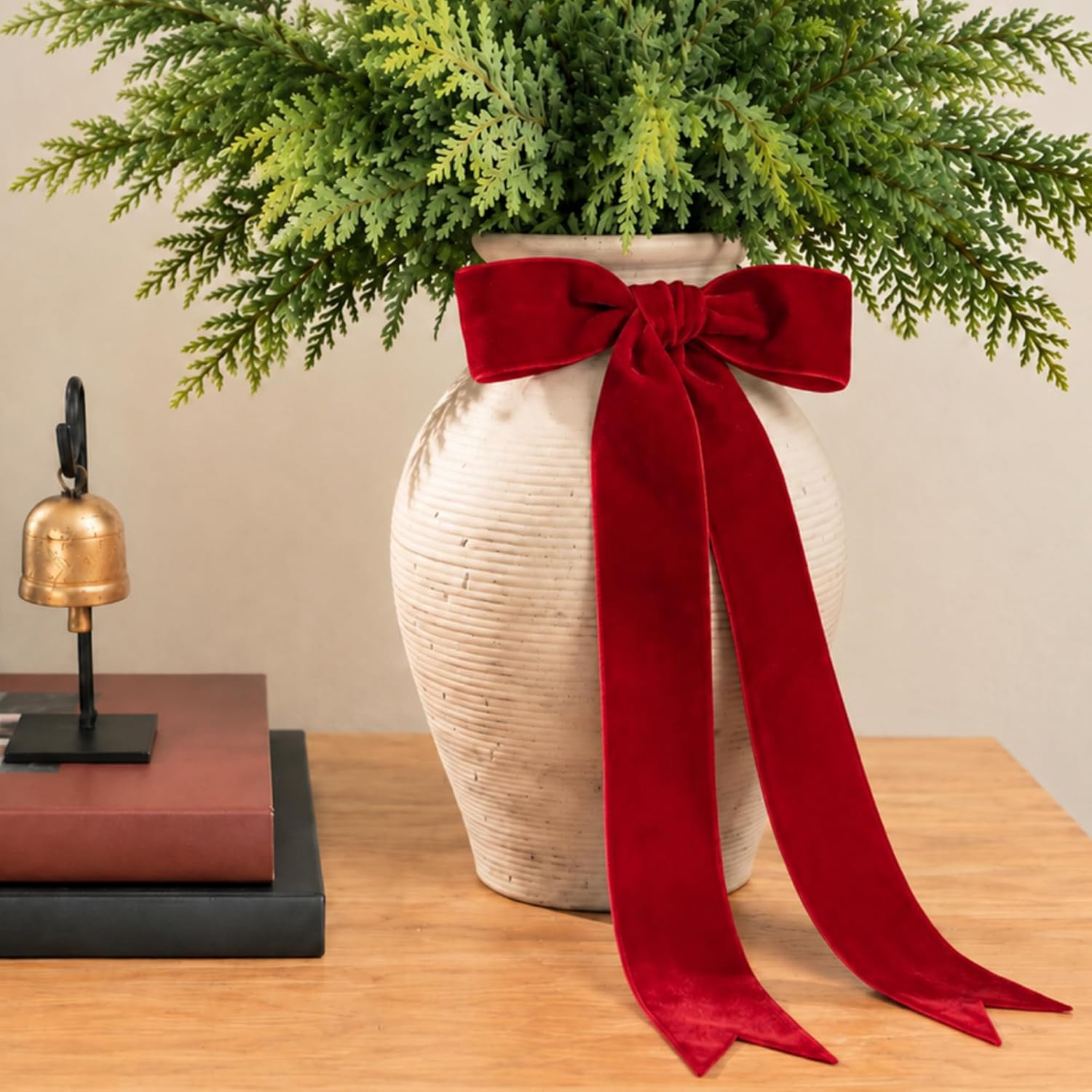 Patelai Farmhouse Christmas Ceramic Vase with Red Velvet Bow, 9 Inch Vase | Amazon (US)
