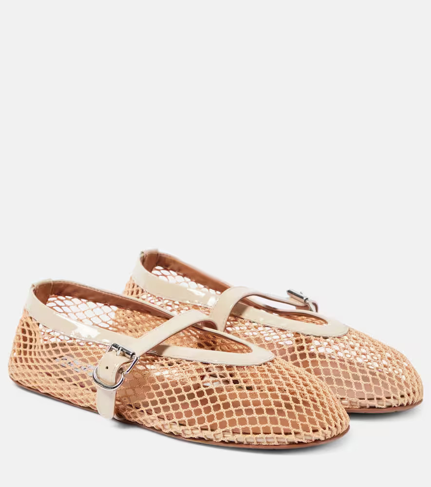 AlaÃ¯a Patent leather-trimmed fishnet ballet flats | Mytheresa (US/CA)