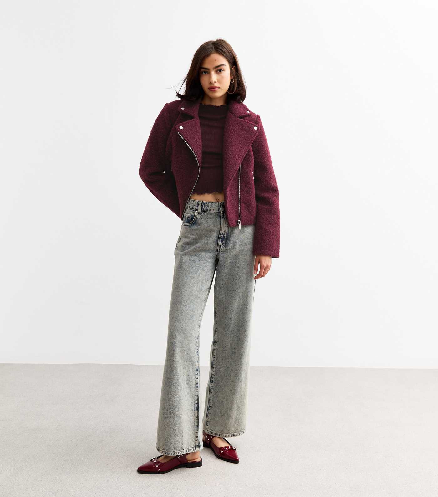 Burgundy Bouclé Biker Jacket 
						
						Add to Saved Items
						Remove from Saved Items | New Look (UK)