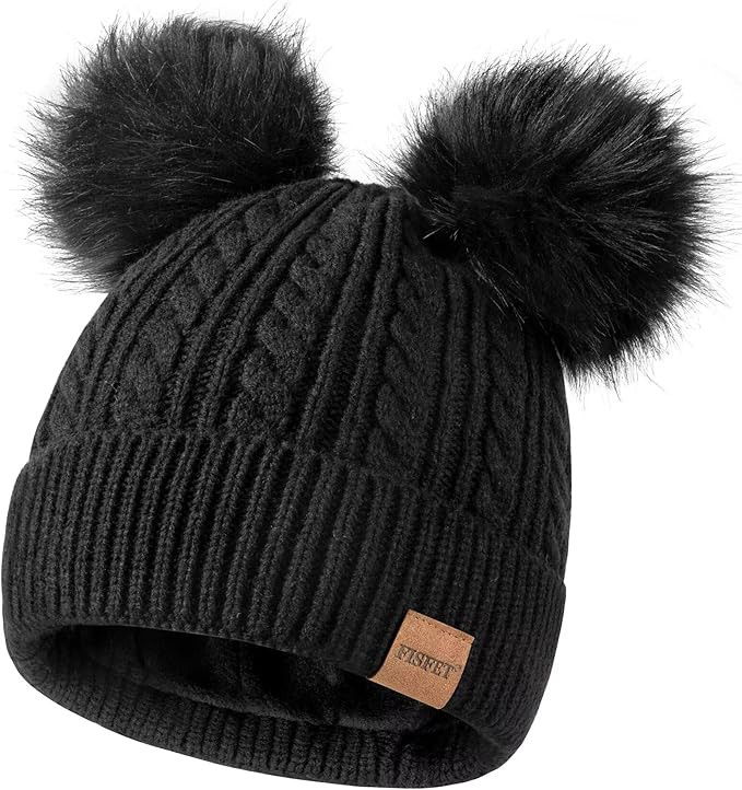 FISFET Beanies Women with Double Pom Pom, Winter Hats for Women Cold Weather Warm Knit Fleece Lin... | Amazon (US)