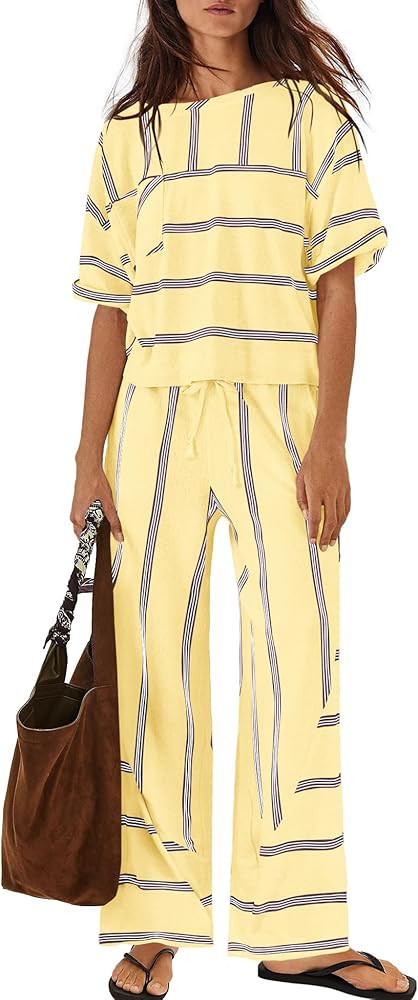 Nirovien Womens Striped Lounge Set 2 Piece Vacation Sets Short Sleeve Tops and Wide Leg Pants Tra... | Amazon (US)