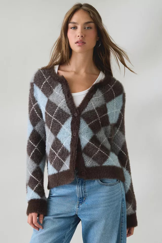 BDG Kennedy Argyle Fuzzy Knit Oversized Cardigan in Blue, Women's at Urban Outfitters | Urban Outfitters (US and RoW)