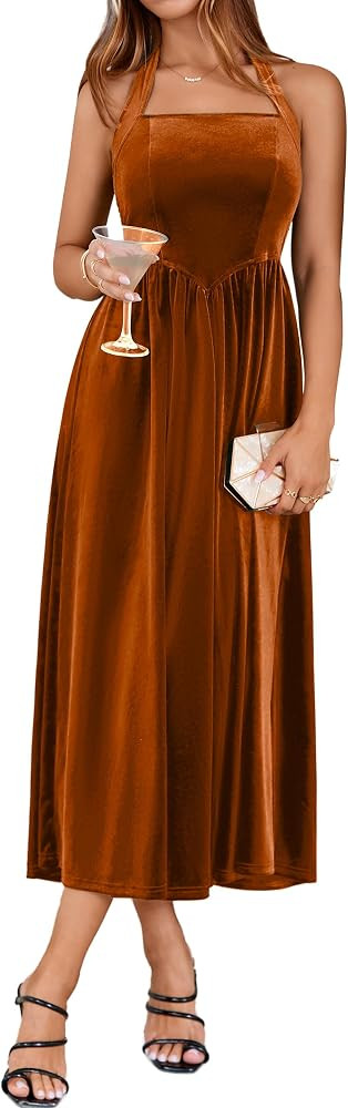 High Waist A-Line, Adjustable Tie Neck Strap, Backless, Stretch Velour, Elegant Semi-Formal, Wint... | Amazon (US)