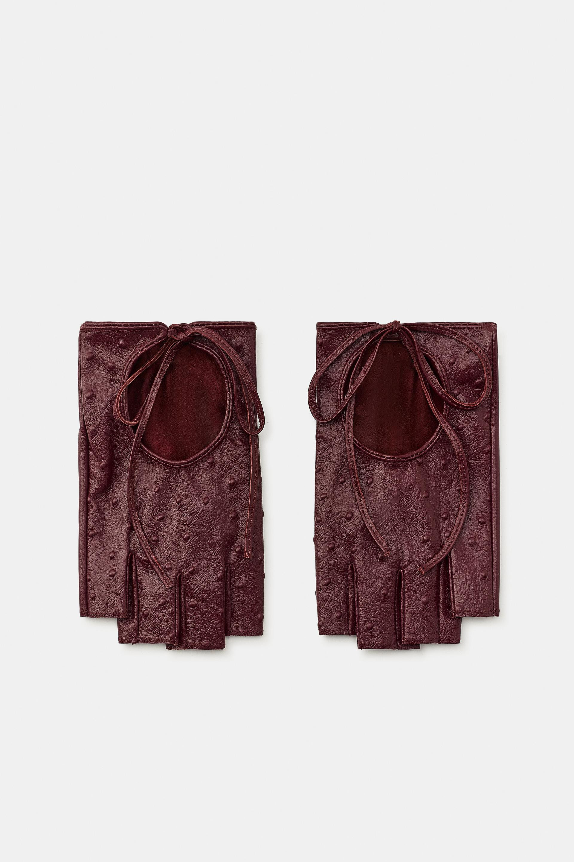 Zara - 100% Leather Tie Mittens - Brown - M - Woman | Zara US