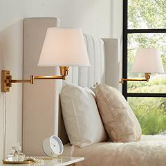360 Lighting Clement Warm Gold Swing Arm Plug-In Wall Lamps Set of 2 | www.lampsplus.com | Lamps Plus