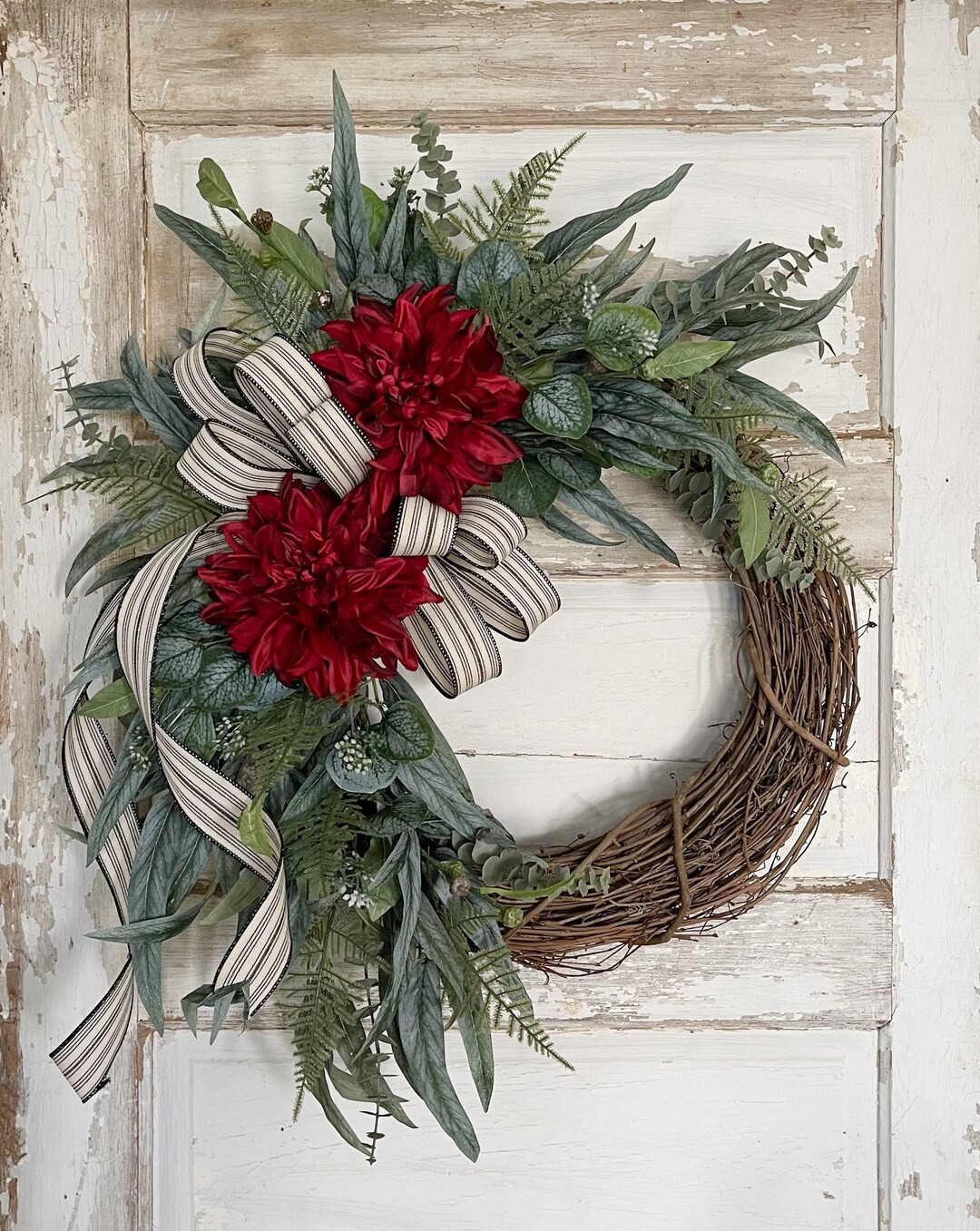 French Country Red Dahlia Wreath  Front Door  Year Round - Etsy | Etsy (US)