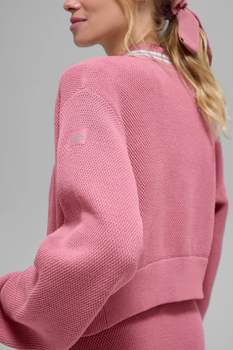 Tennis Club Sweater Knit Full Zip Jacket - Pink Wild Rose/White | Alo Yoga (US)