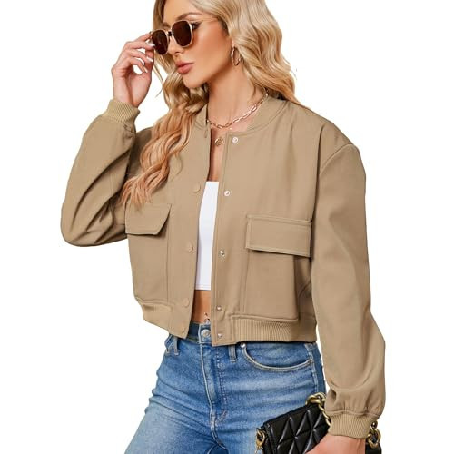 Zando Khaki Spring Jackets for Women 2026 - Cropped Bomber Jacket Women Button Down Womens Jackets with Side Pockets Long Sleeve Varsity Jacket for Daily Work Outdoor Travel Parties School Khaki XL | Amazon (US)