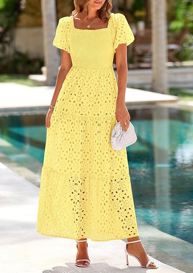 PRETTYGARDEN Summer Dresses for Women 2026 Eyelet Square Neck Puff Sleeve Smocked Wedding Guest M... | Amazon (US)