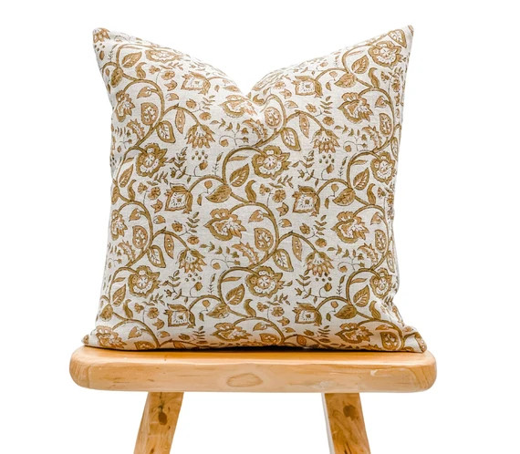 Designer Floral Khaki Olive and Mustard on Natural Linen - Etsy | Etsy (US)