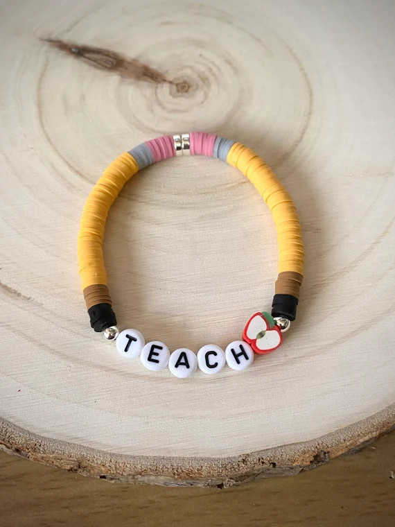 Personalized Teacher Bracelet, Pencil Bracelet, Stackable Bracelet, Teacher Heishi Bracelet, Penc... | Etsy (US)