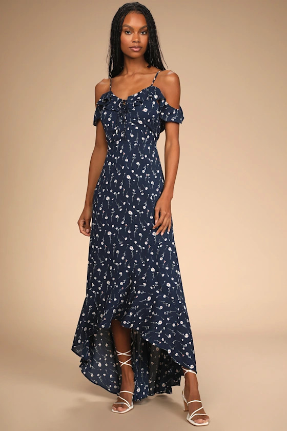Darling for the Day Navy Blue Floral Off-the-Shoulder Maxi Dress | Lulus (US)