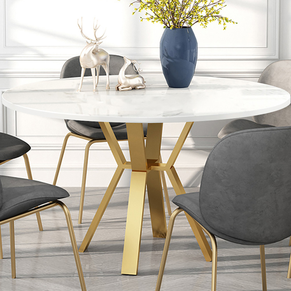 White Round Faux Marble Dining Table Modern Table for Dining with Metal Base in Gold | Homary
