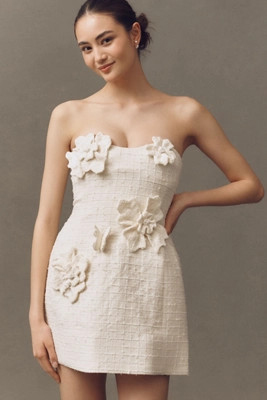 LEO LIN Rosario Strapless Floral Appliqué Tweed Mini Dress | Anthropologie (US)