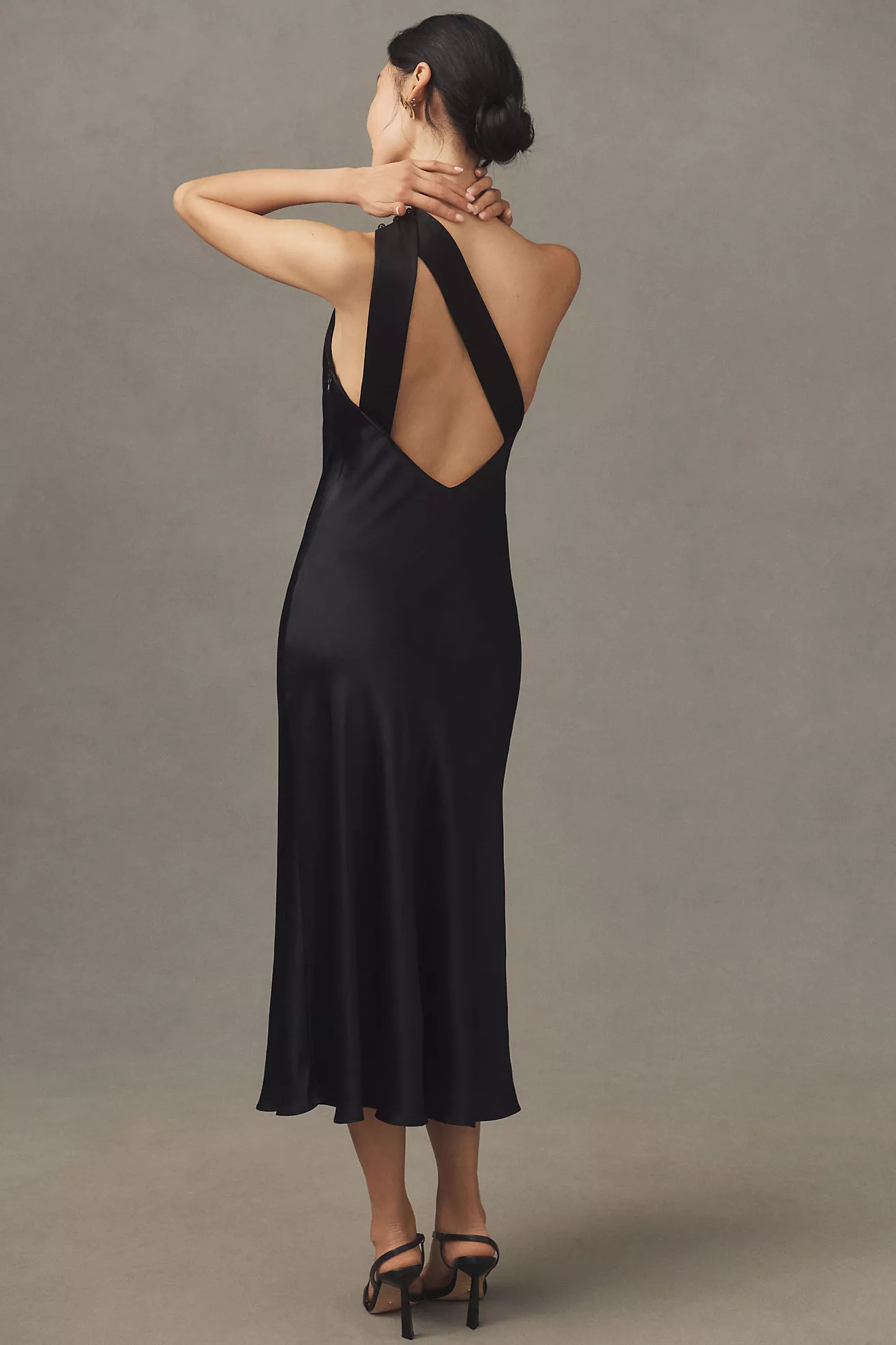 BHLDN Nicoletta One-Shoulder Tie-Neck Satin Midi Dress | Anthropologie (US)