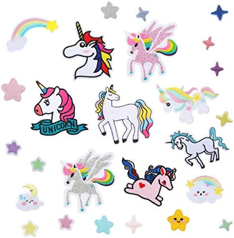 32 Pieces Unicorn Iron on Patches Rainbow Star Cloud Patches Cartoon Embroidered Iron on Patch Assor | Amazon (US)