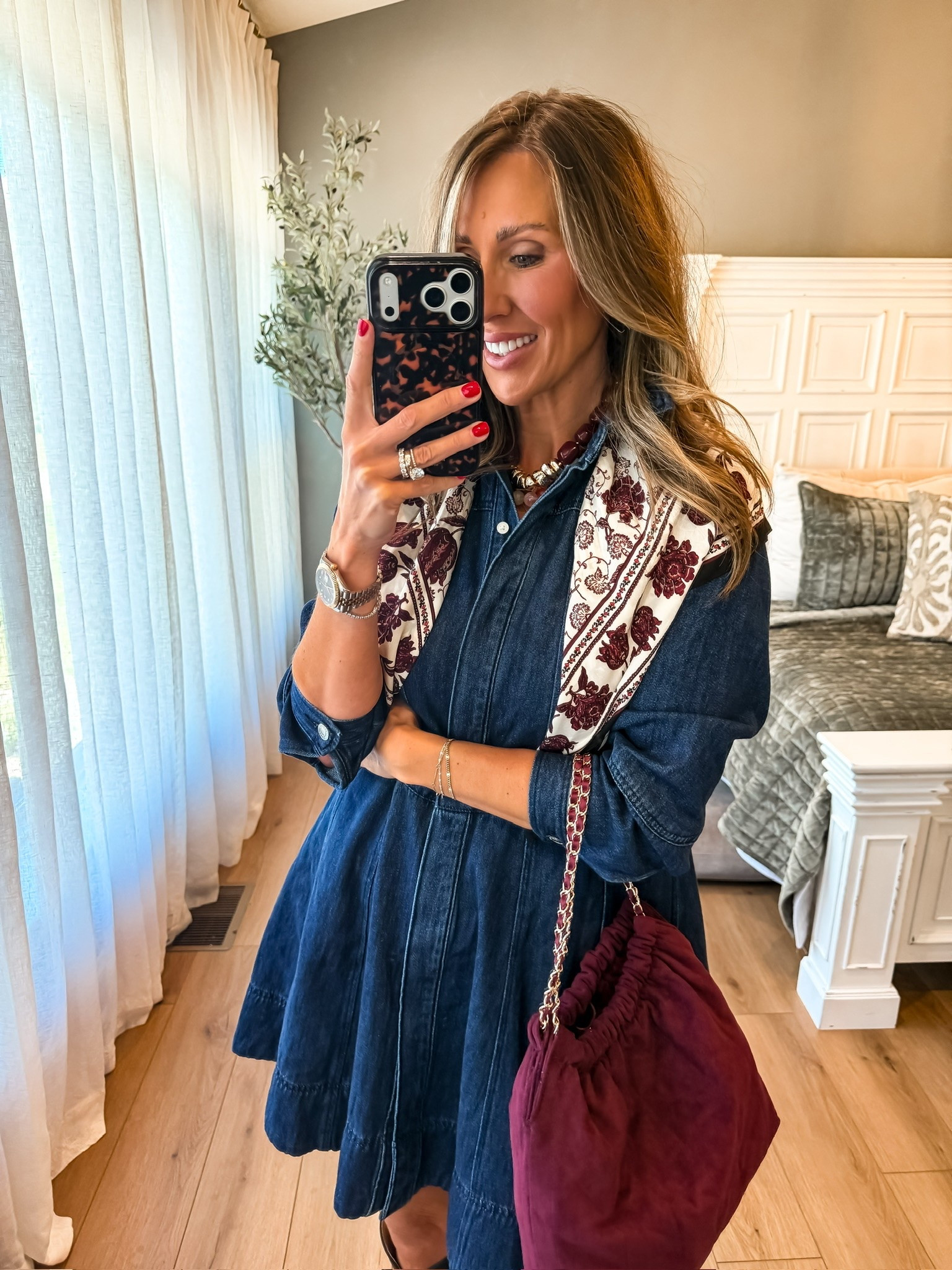 This denim dress with a printed scarf and burgundy bag is such a good fall outfit! 🤎 Love how the scarf adds a little color and makes a simple denim dress feel extra special.

denim dress, fall denim outfit, printed scarf, burgundy handbag, fall accessories, denim dress outfit, casual fall fashion, western inspired style, fall outfit ideas, women over 40 fashion, themominstyle