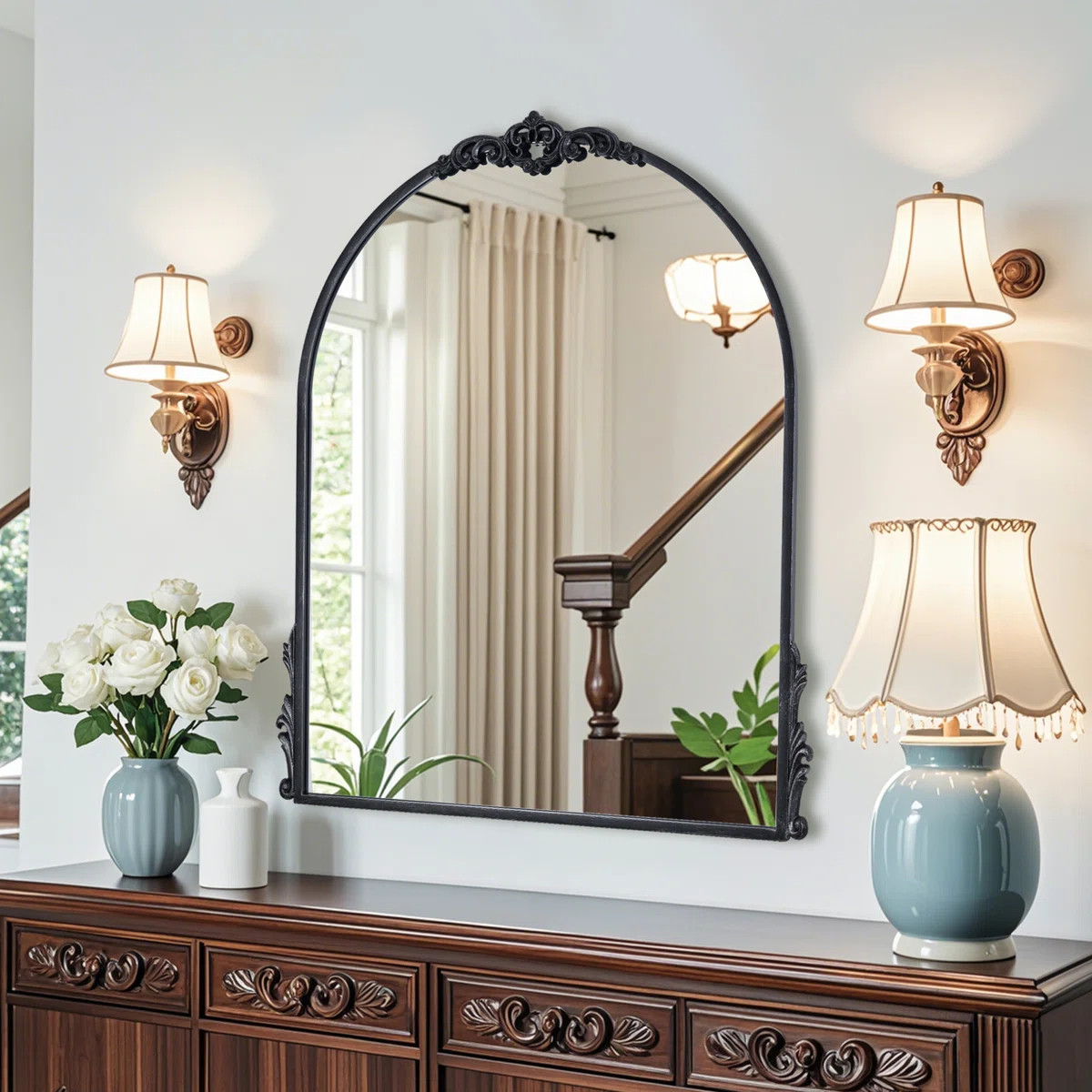 32" x 24" Vintage Metal Framed Black Baroque Arched Decorative Wall Mounted Mirror For Living Roo... | Wayfair North America