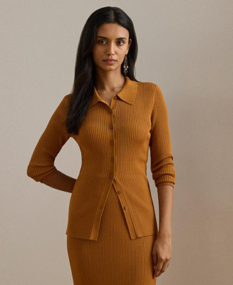 Women's Rib-Knit Long Sleeve Polo Cardigan Sweater | Macy's