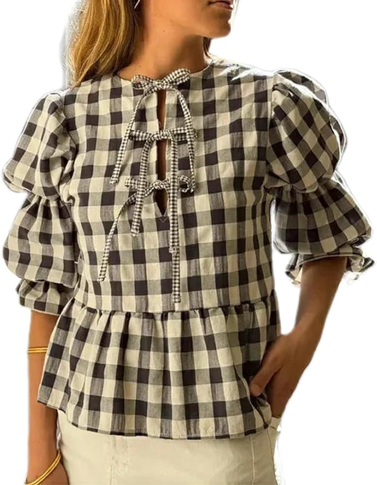 KMBANGI Women Puff Sleeve Peplum Shirts Y2k Lace Up Tie Front Ruffle Hem Loose Blouse Dressy Casu... | Amazon (US)