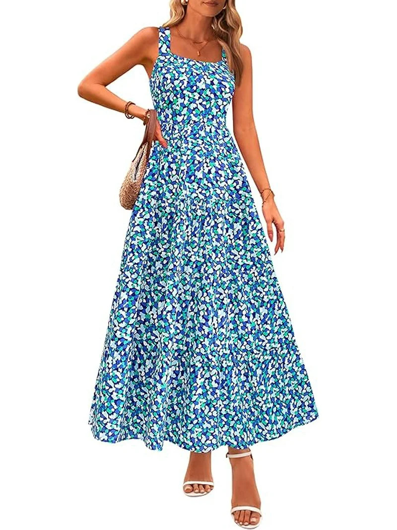 PRETTYGARDEN Women's Summer Floral Maxi Dress Sleeveless Smocked Ruffle Long Flowy Beach Vacation... | Walmart (US)