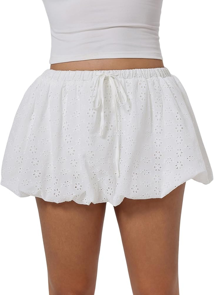Women's Eyelet Lace Ruffle Bubble Skirts Elastic Waist A Line Puffy Cute Mini Skirt | Amazon (US)