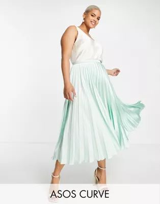 ASOS DESIGN Curve satin pleated midi skirt in mint green | ASOS (Global)