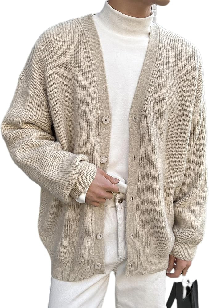 Floerns Men's Casual Long Sleeve Button Front V Neck Rib Knit Cardigan Sweater | Amazon (US)