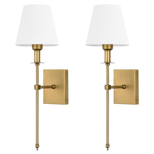 Pauwer Hardwired Wall Sconces Set of 2 - Professional Installation Required - White Fabric Shade Indoor Wall Lamp Column Stand Bedroom Bathroom Vanity Wall Light Fixture, Antique Brass | Amazon (US)