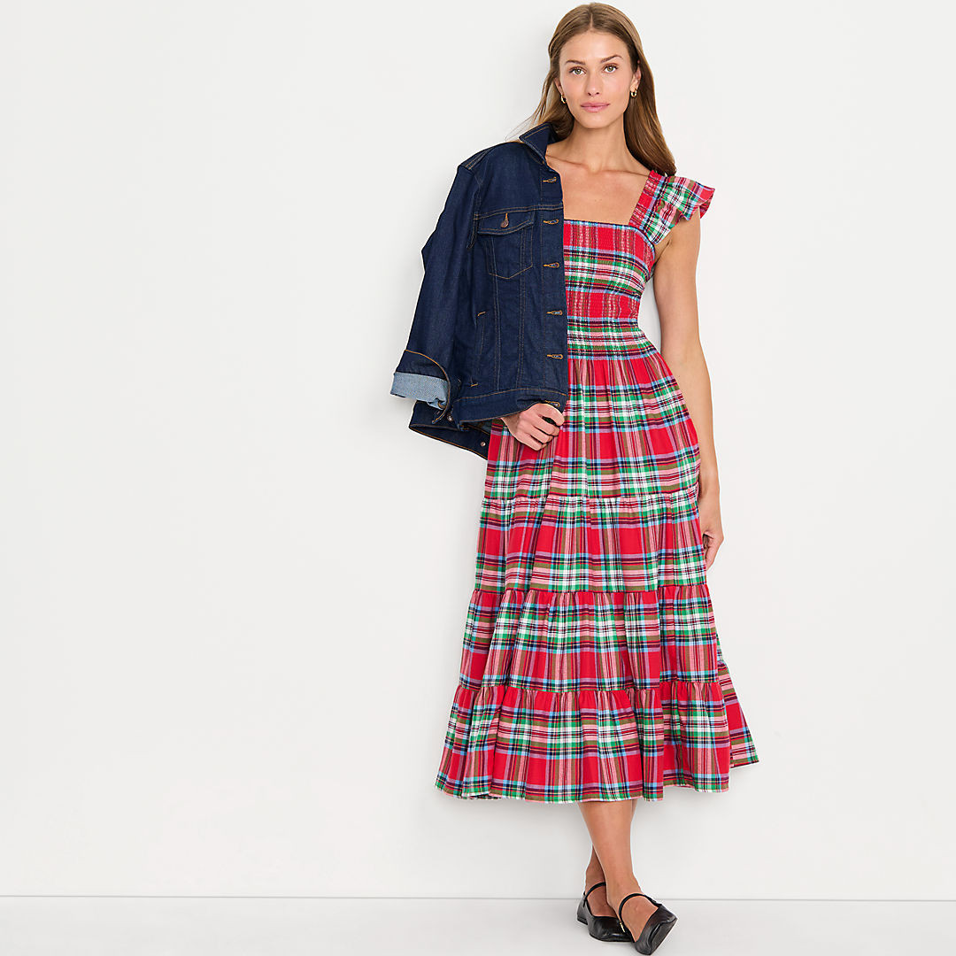 Women's Drapey Flannel Smocked Midi Dress with Ruffle Strap | Lands' End (US)