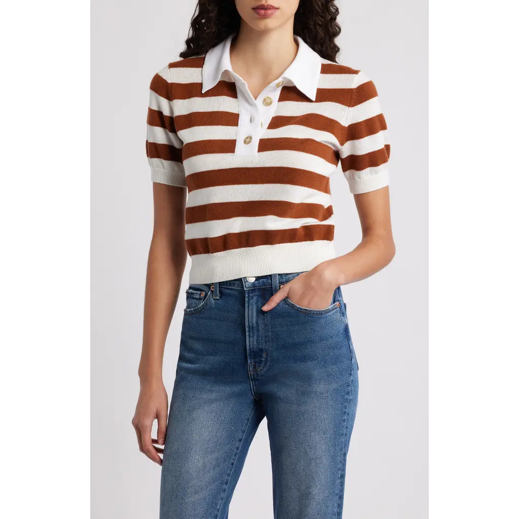 FRAME The Bold Stripe Cashmere & Cotton Polo in Chestnut Multi at Nordstrom Rack, Size Large | Nordstrom Rack
